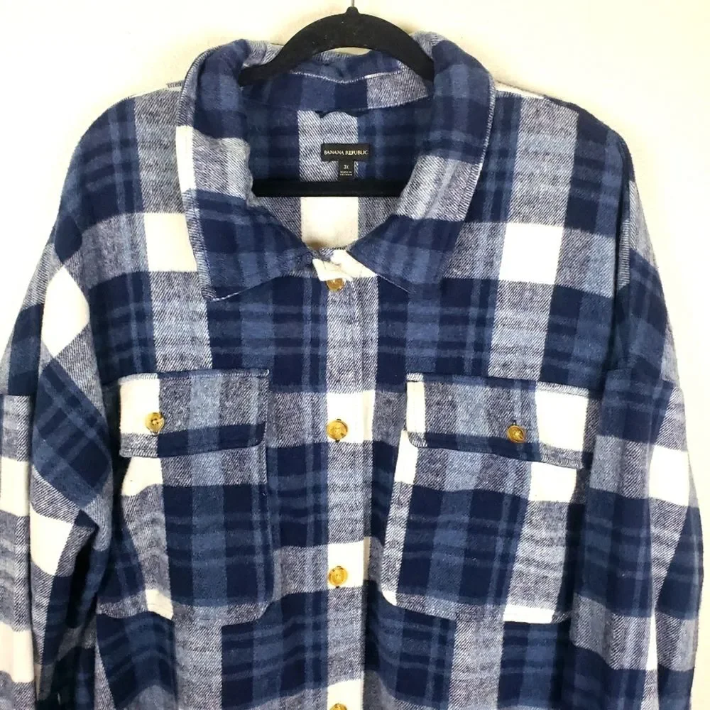 Men's Plus Size Banana Republic Blue Plaid Flannel Button Up Shirt Size 3X